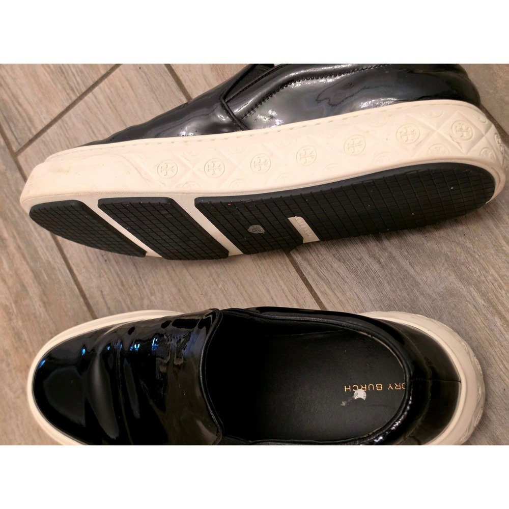 Tory Burch Black Patent Leather Slip On Platform Sneakers Logo Midsole - Picture 11 of 11